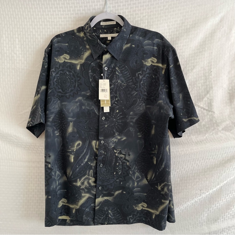 Perry Ellis NWT 100% Silk Short Sleeve Button Up Shirt Abyss Blue Size Large